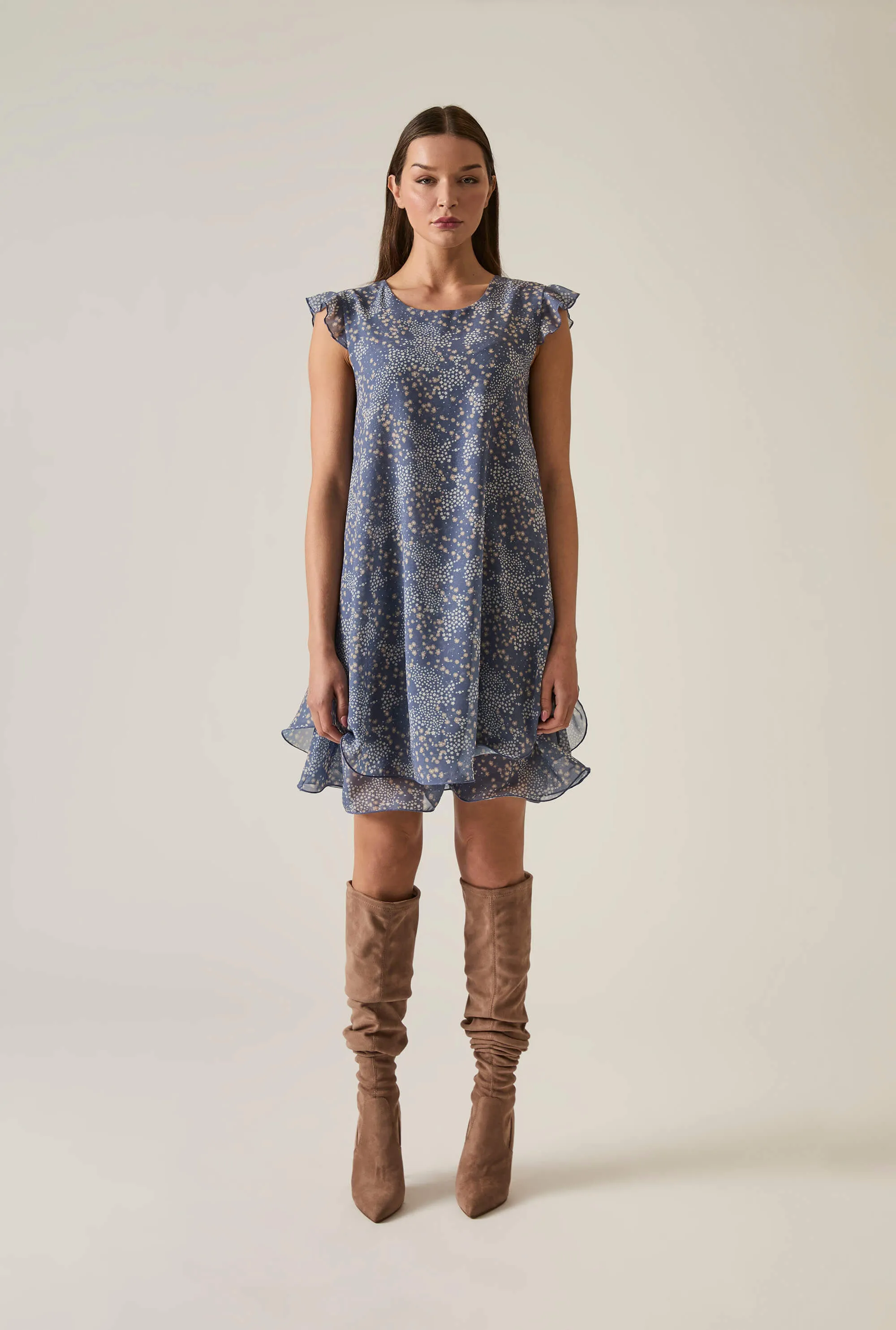 Dotted-Flower Mini Navy Dress